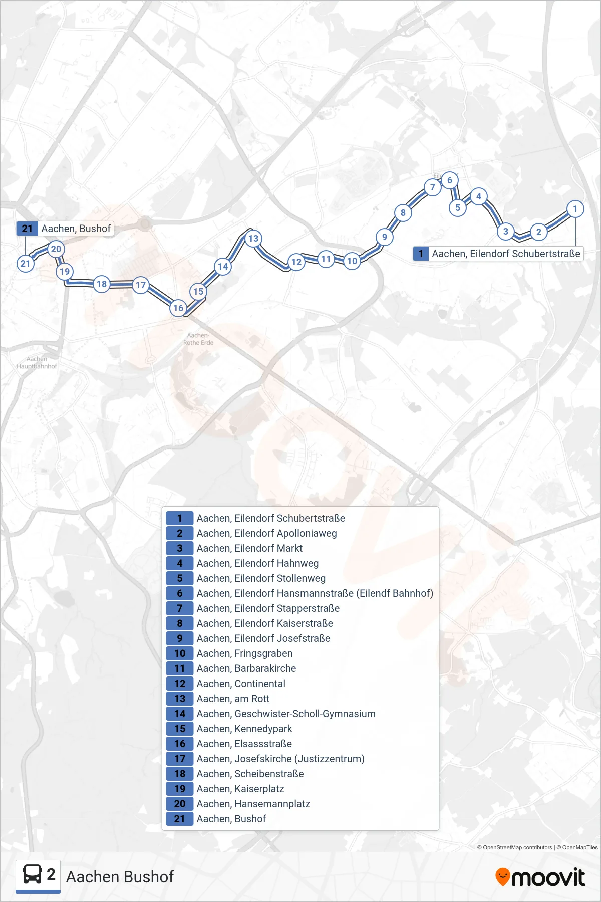 Linie 2 (Bus) Richtung Aachen Bushof: Route und Haltestellen auf der Karte