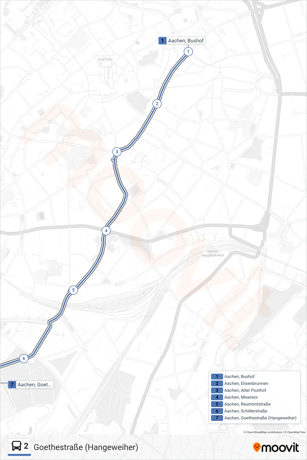 Linie 2 (Bus) Richtung Goethestraße (Hangeweiher): Route und Haltestellen auf der Karte
