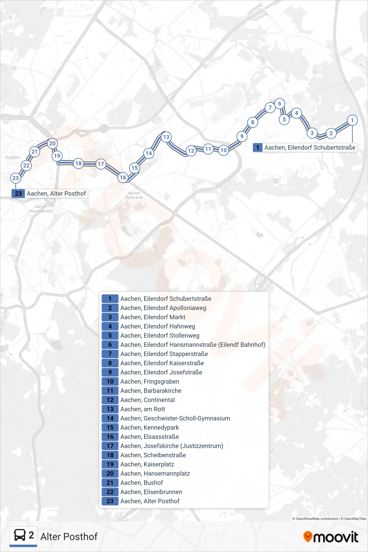 Linie 2 (Bus) Richtung Alter Posthof: Route und Haltestellen auf der Karte