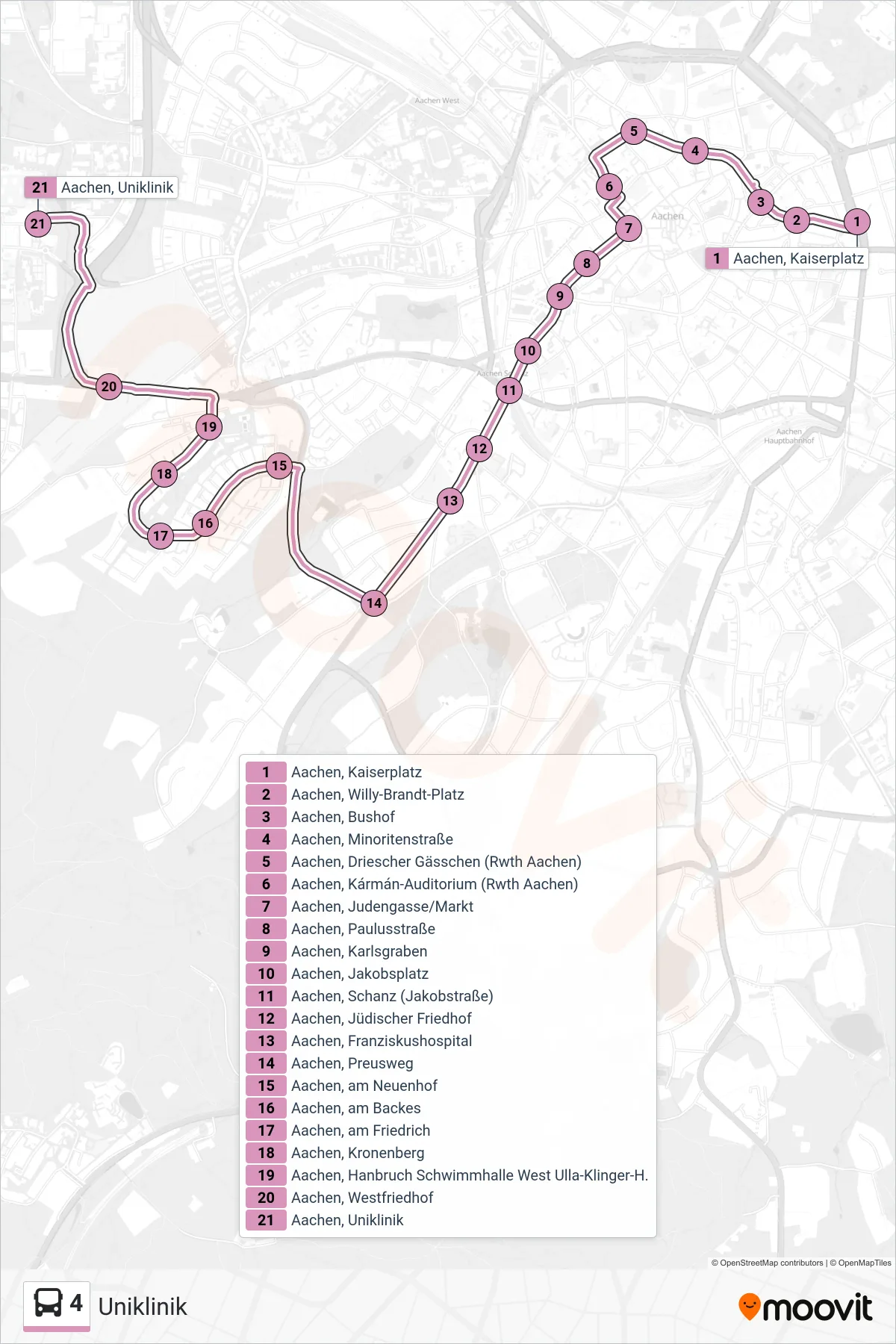 Linie 4 (Bus) Richtung Uniklinik: Route und Haltestellen auf der Karte