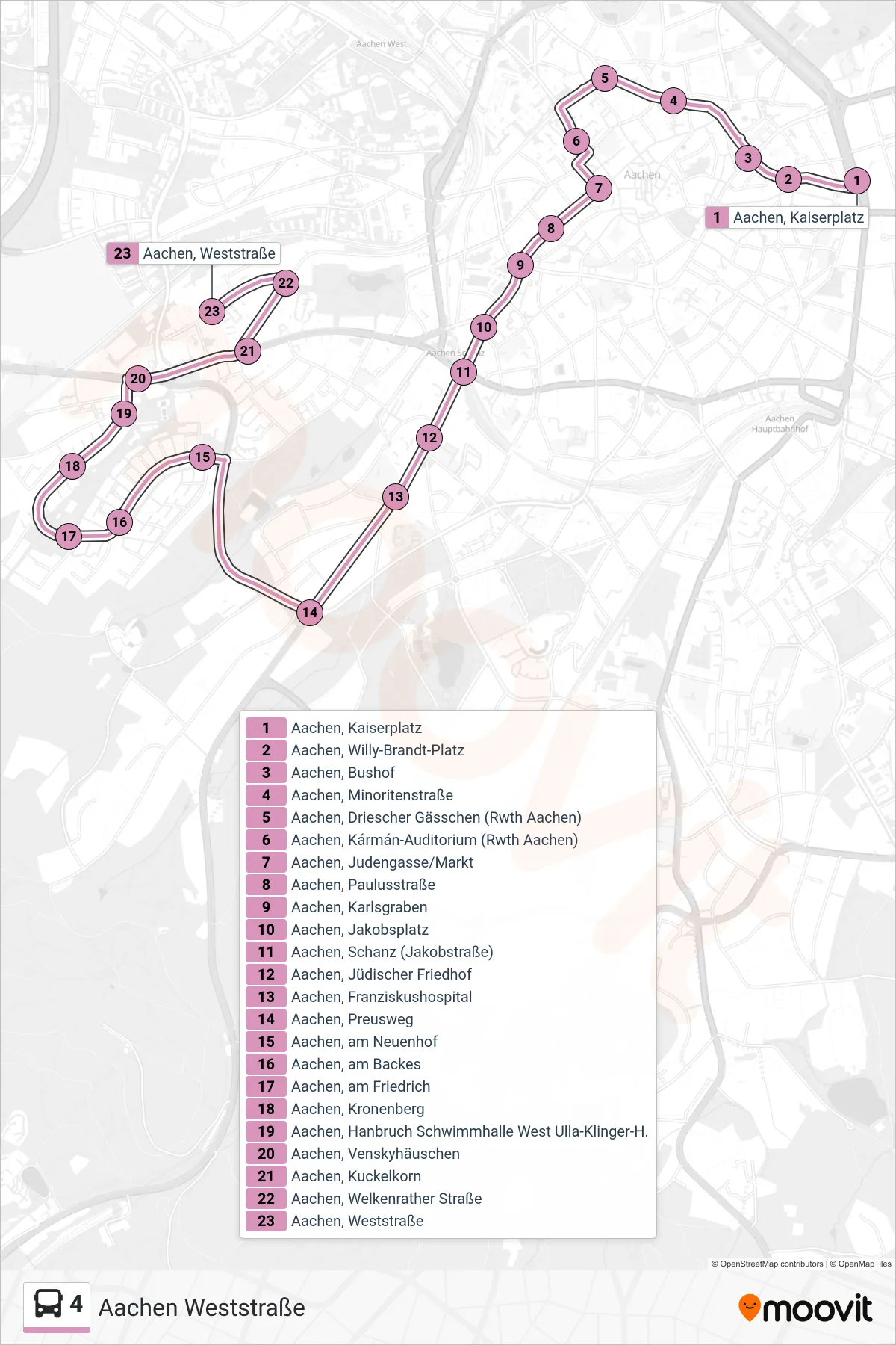 Linie 4 (Bus) Richtung Aachen Weststraße: Route und Haltestellen auf der Karte