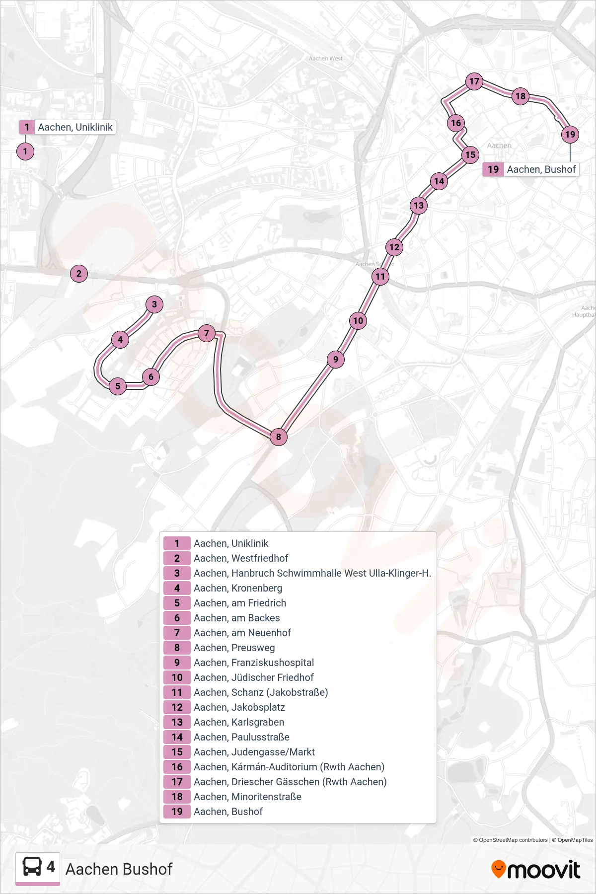 Linie 4 (Bus) Richtung Aachen Bushof: Route und Haltestellen auf der Karte