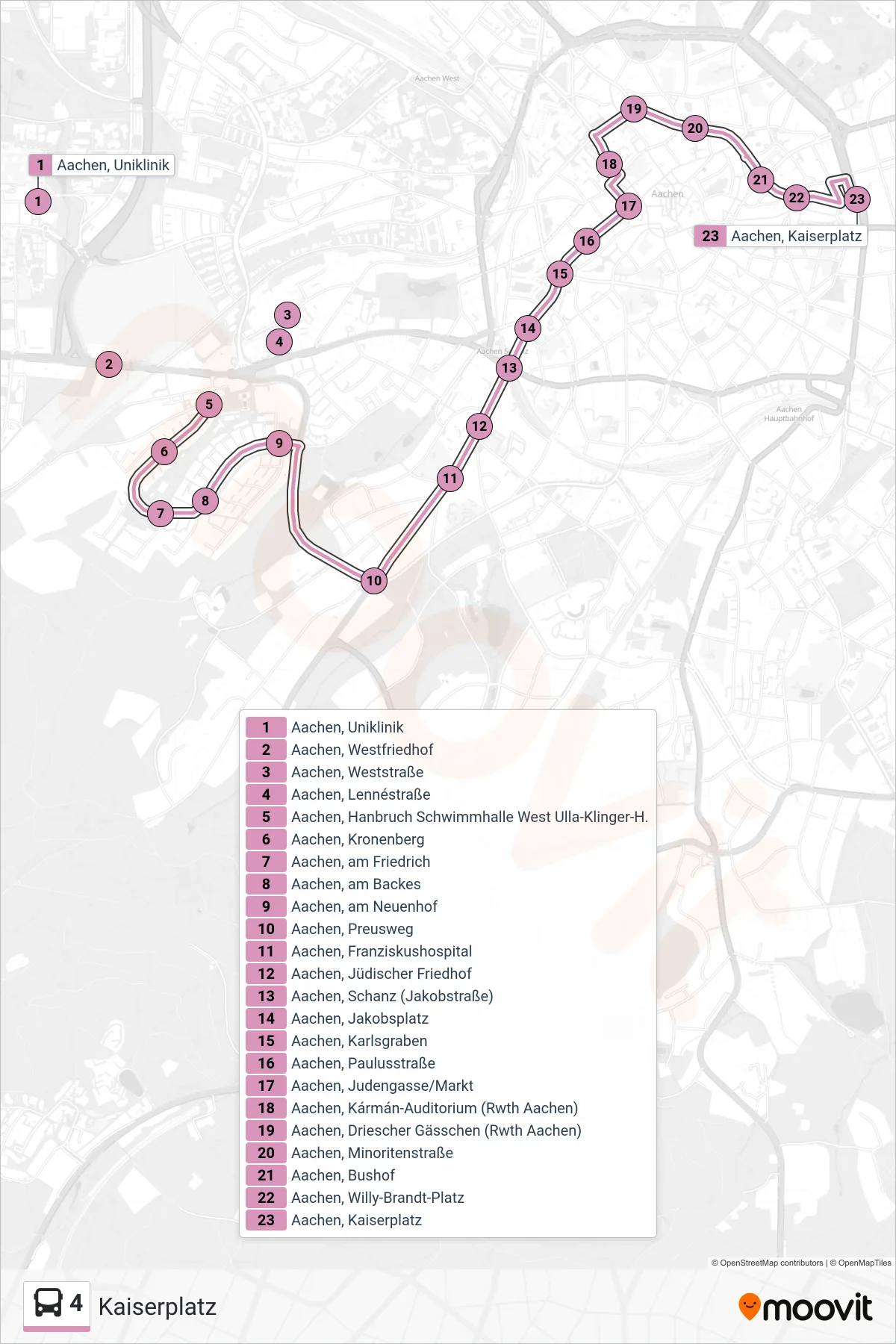 Linie 4 (Bus) Richtung Kaiserplatz: Route und Haltestellen auf der Karte