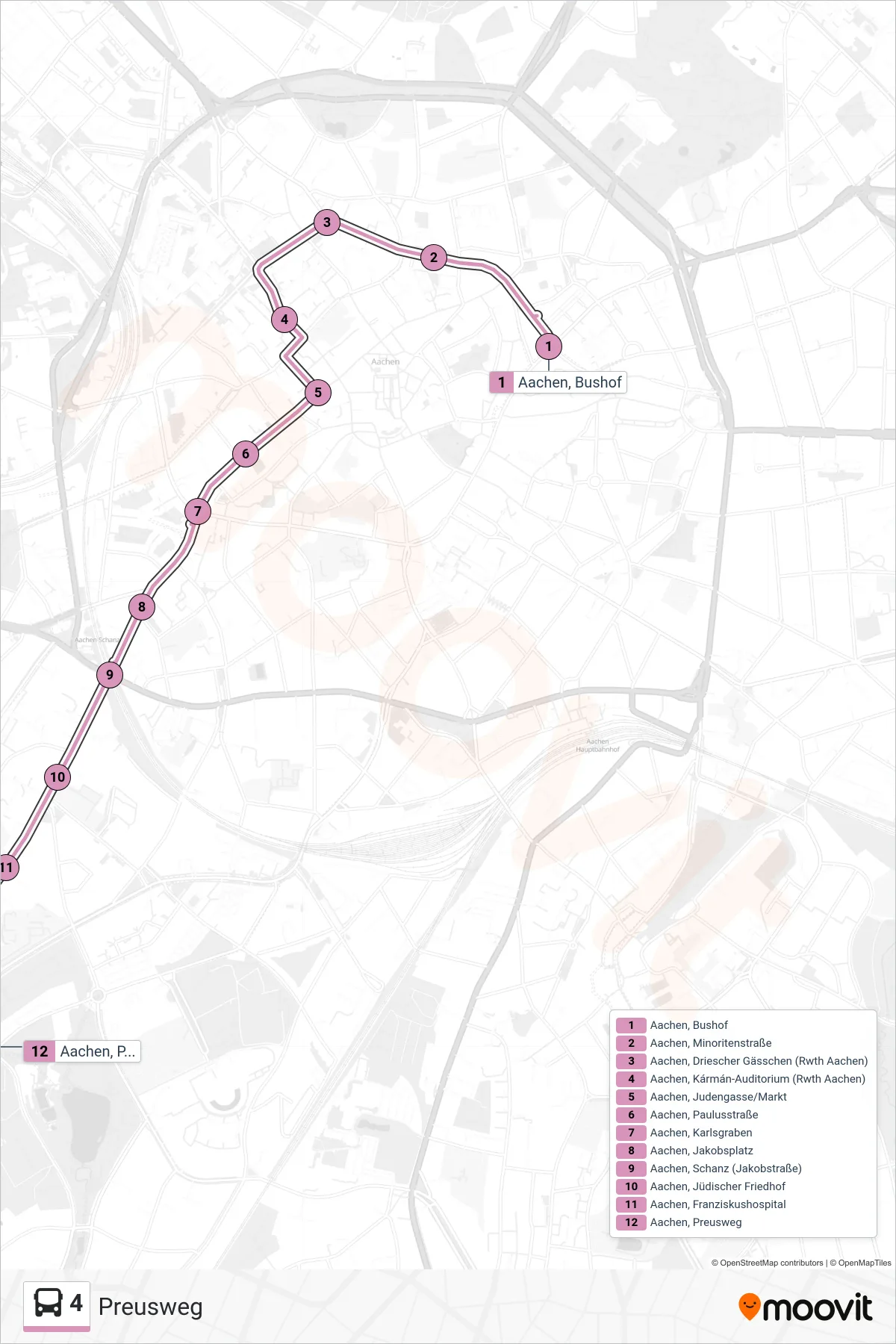 Linie 4 (Bus) Richtung Preusweg: Route und Haltestellen auf der Karte