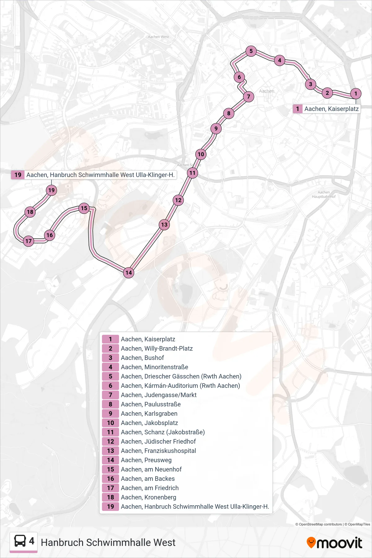 4 bus Line (Hanbruch Schwimmhalle West) route and stops on a map