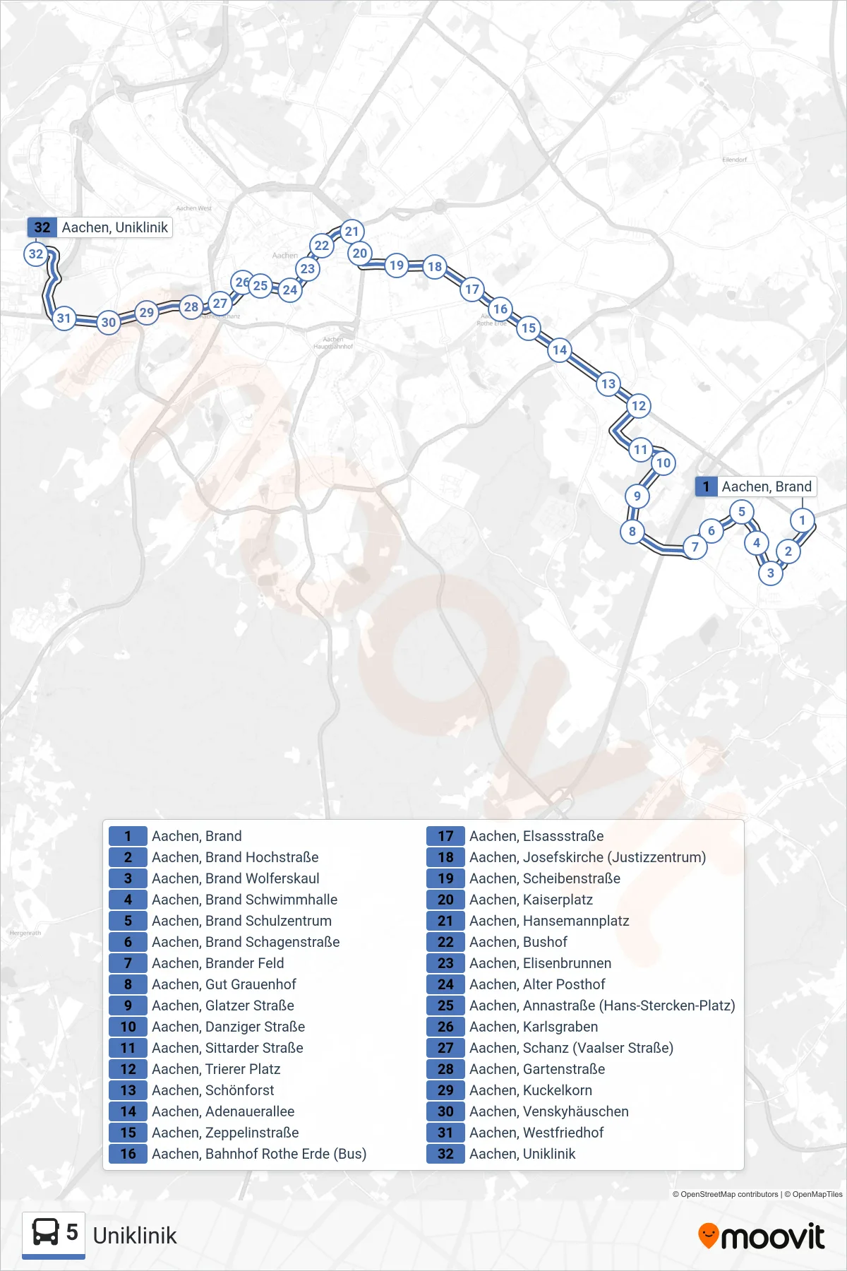 Linie 5 (Bus) Richtung Uniklinik: Route und Haltestellen auf der Karte