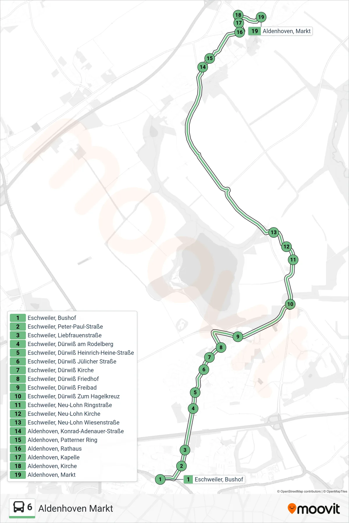 6 bus Line (Aldenhoven Markt) route and stops on a map