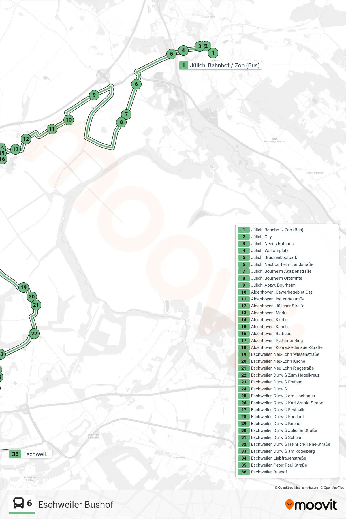 Linie 6 (Bus) Richtung Eschweiler Bushof: Route und Haltestellen auf der Karte