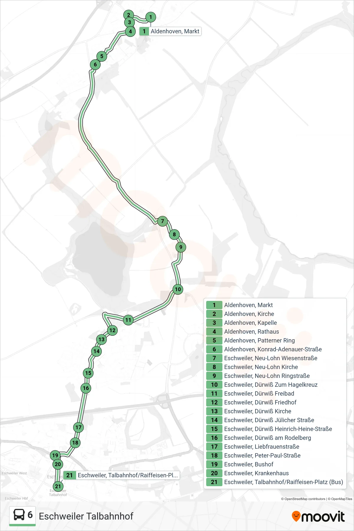 Linie 6 (Bus) Richtung Eschweiler Talbahnhof: Route und Haltestellen auf der Karte