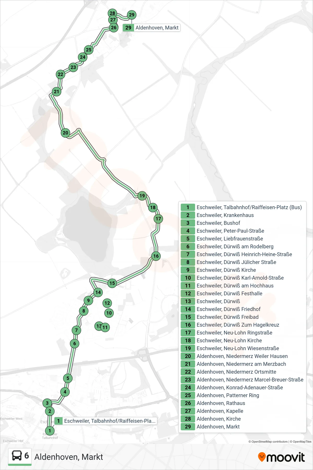 Linie 6 (Bus) Richtung Aldenhoven, Markt: Route und Haltestellen auf der Karte