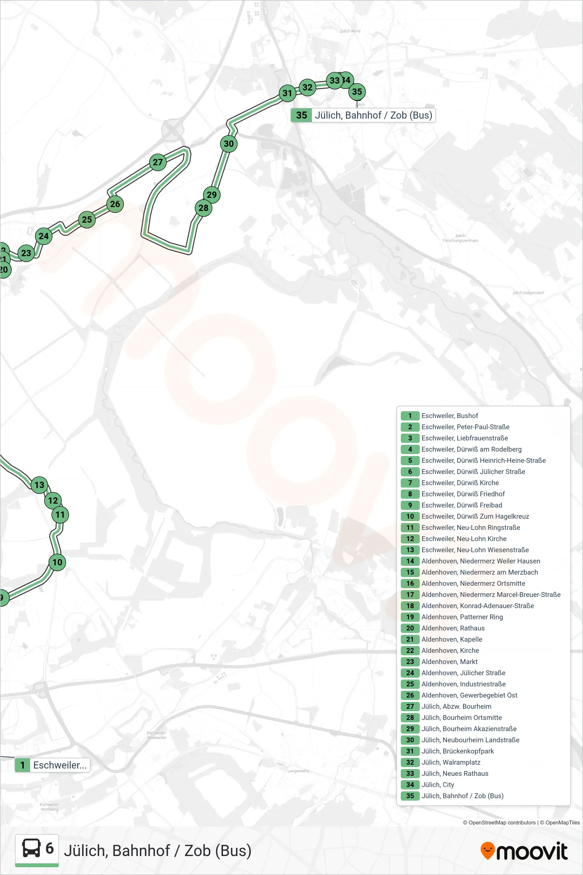 Linie 6 (Bus) Richtung Jülich, Bahnhof / Zob (Bus): Route und Haltestellen auf der Karte