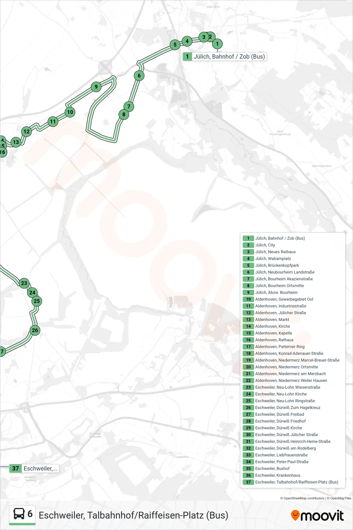Linie 6 (Bus) Richtung Eschweiler, Talbahnhof/Raiffeisen-Platz (Bus): Route und Haltestellen auf der Karte