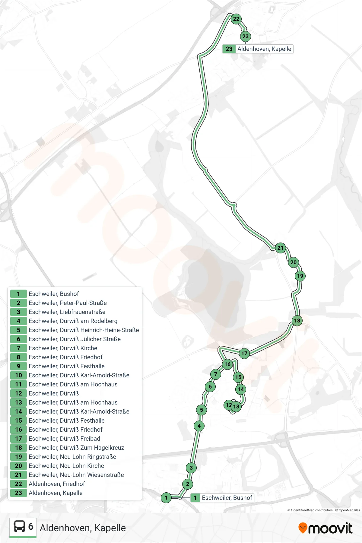 Linie 6 (Bus) Richtung Aldenhoven, Kapelle: Route und Haltestellen auf der Karte