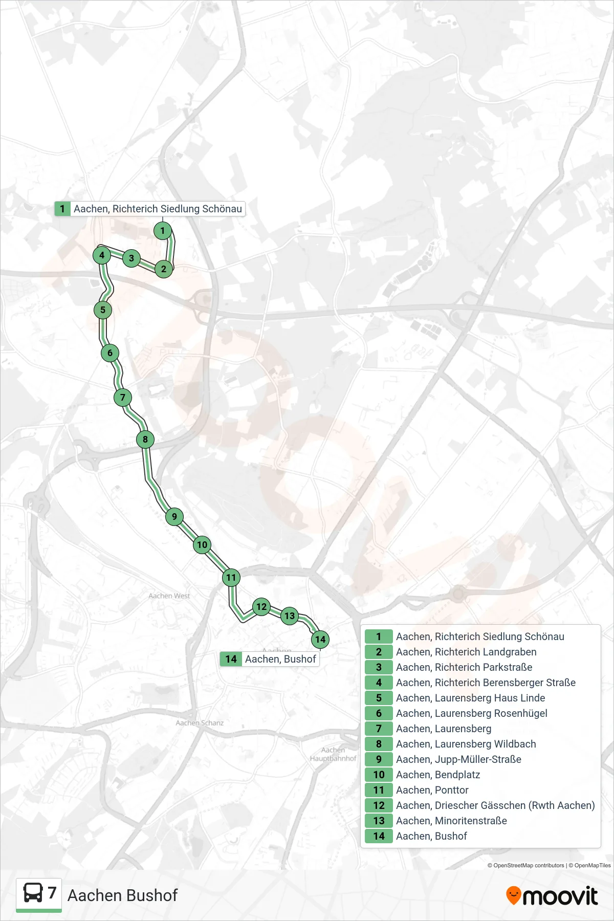 Linie 7 (Bus) Richtung Aachen Bushof: Route und Haltestellen auf der Karte