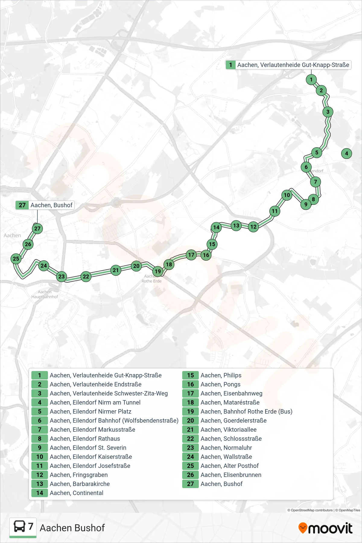 Linie 7 (Bus) Richtung Aachen Bushof: Route und Haltestellen auf der Karte