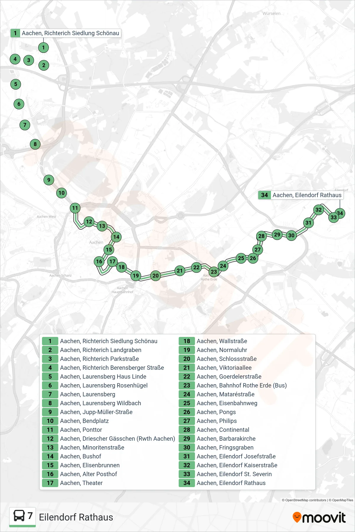 Linie 7 (Bus) Richtung Eilendorf Rathaus: Route und Haltestellen auf der Karte