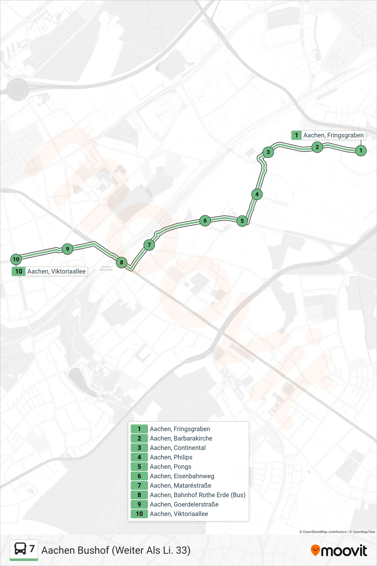 7 bus Line (Aachen Bushof (Weiter Als Li. 33)) route and stops on a map