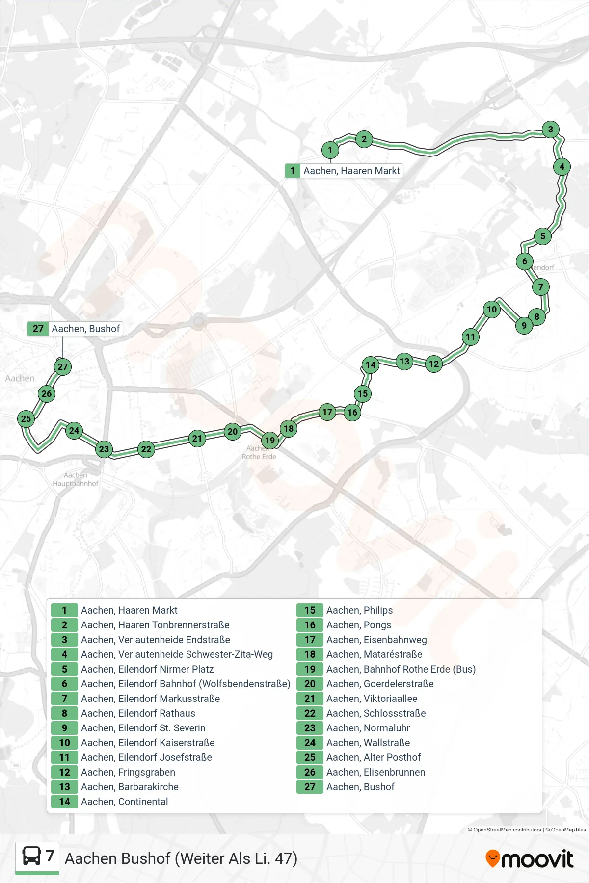 7 bus Line (Aachen Bushof (Weiter Als Li. 47)) route and stops on a map
