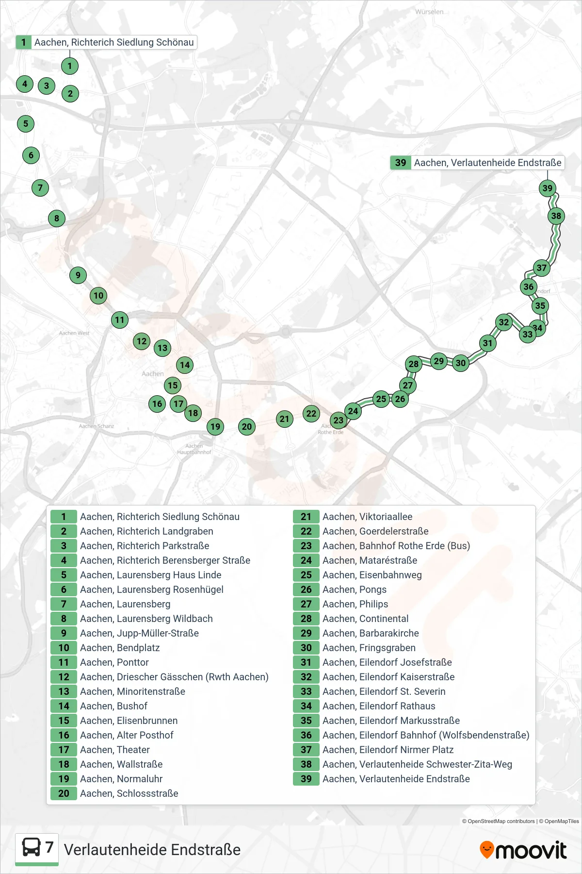 Linie 7 (Bus) Richtung Verlautenheide Endstraße: Route und Haltestellen auf der Karte