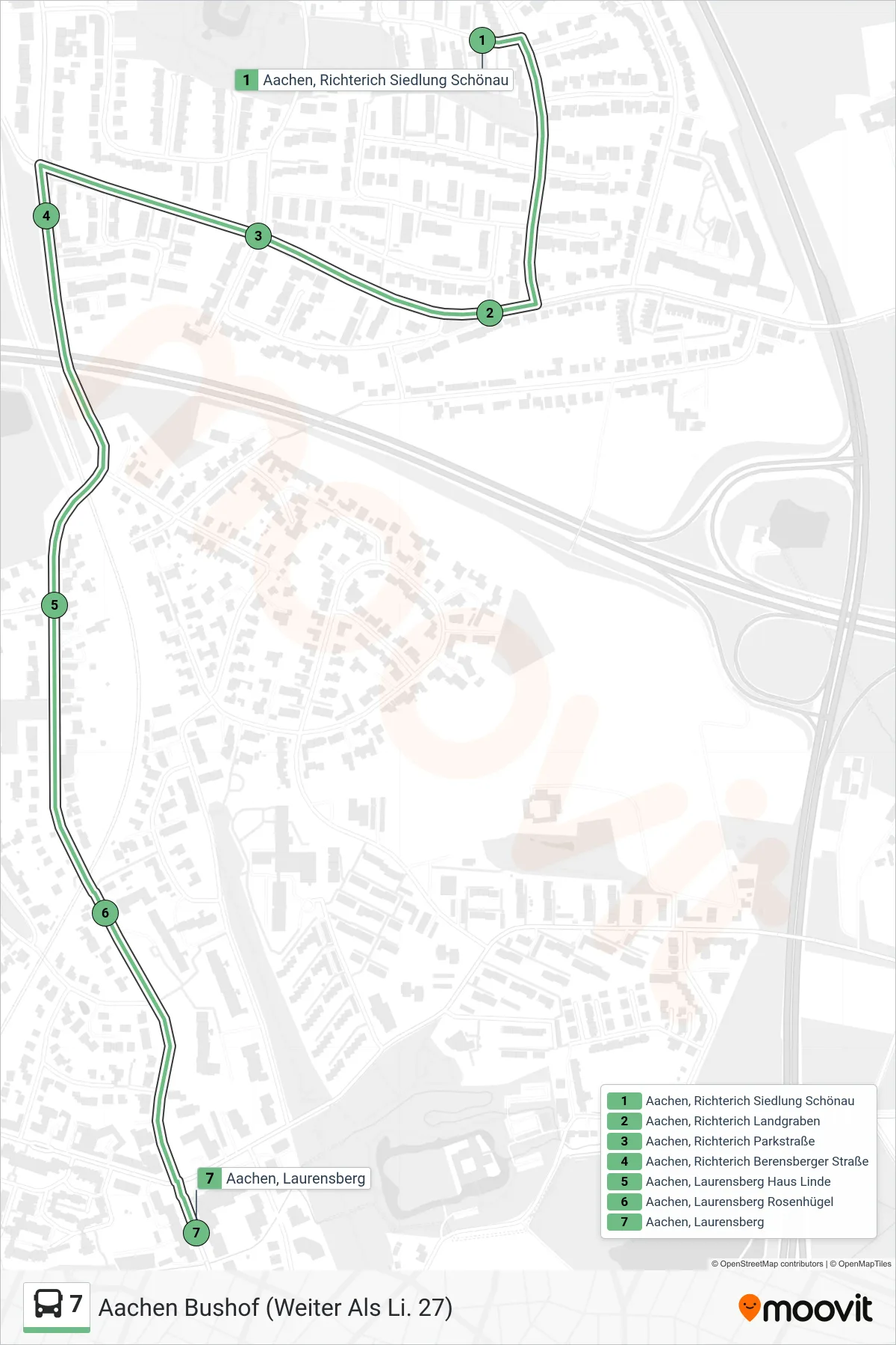 Linie 7 (Bus) Richtung Aachen Bushof (Weiter Als Li. 27): Route und Haltestellen auf der Karte