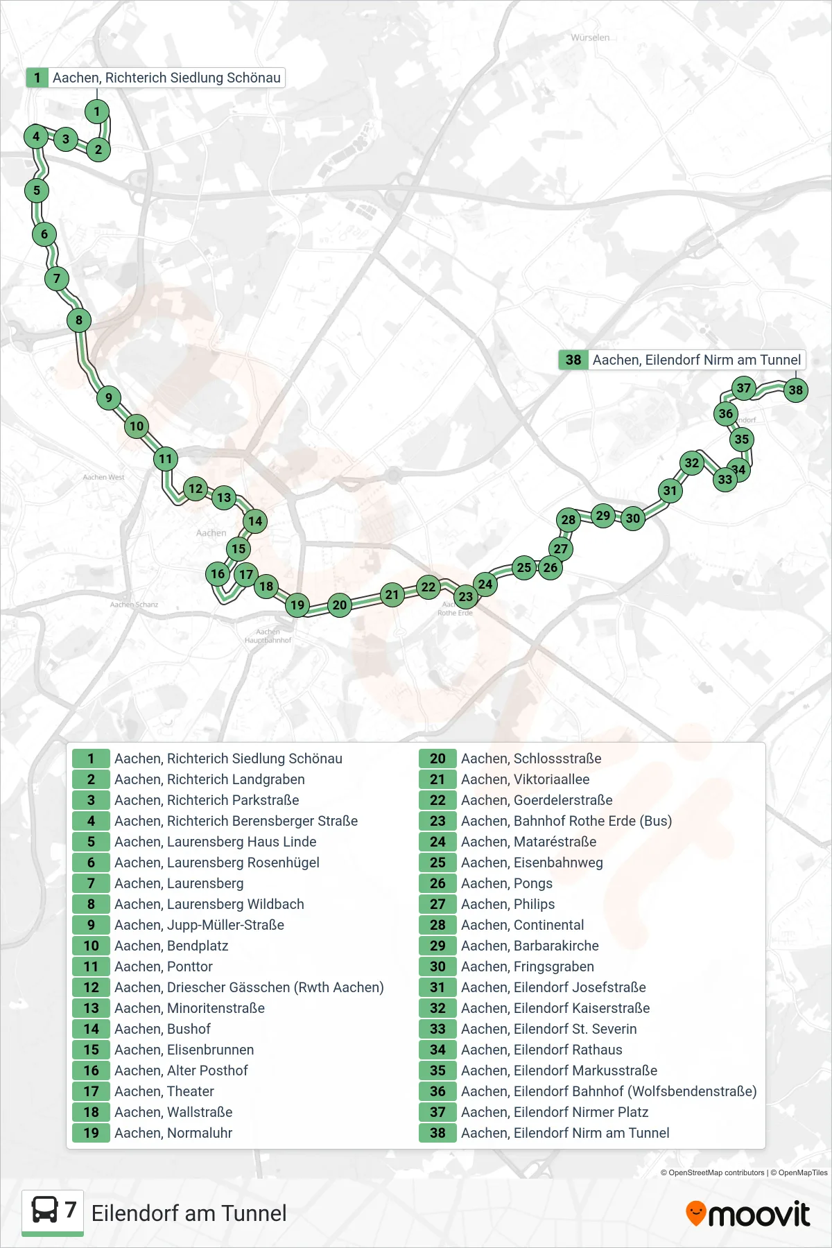 Linie 7 (Bus) Richtung Eilendorf am Tunnel: Route und Haltestellen auf der Karte