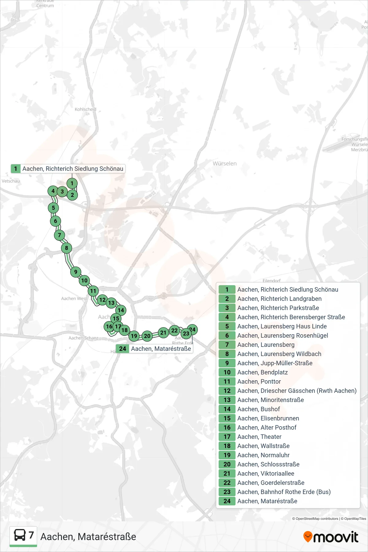 Linie 7 (Bus) Richtung Aachen, Mataréstraße: Route und Haltestellen auf der Karte