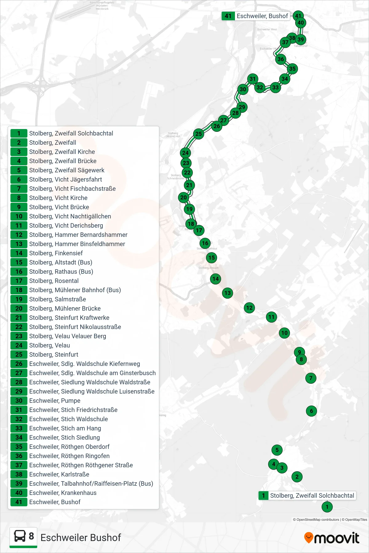 8 bus Line (Eschweiler Bushof) route and stops on a map