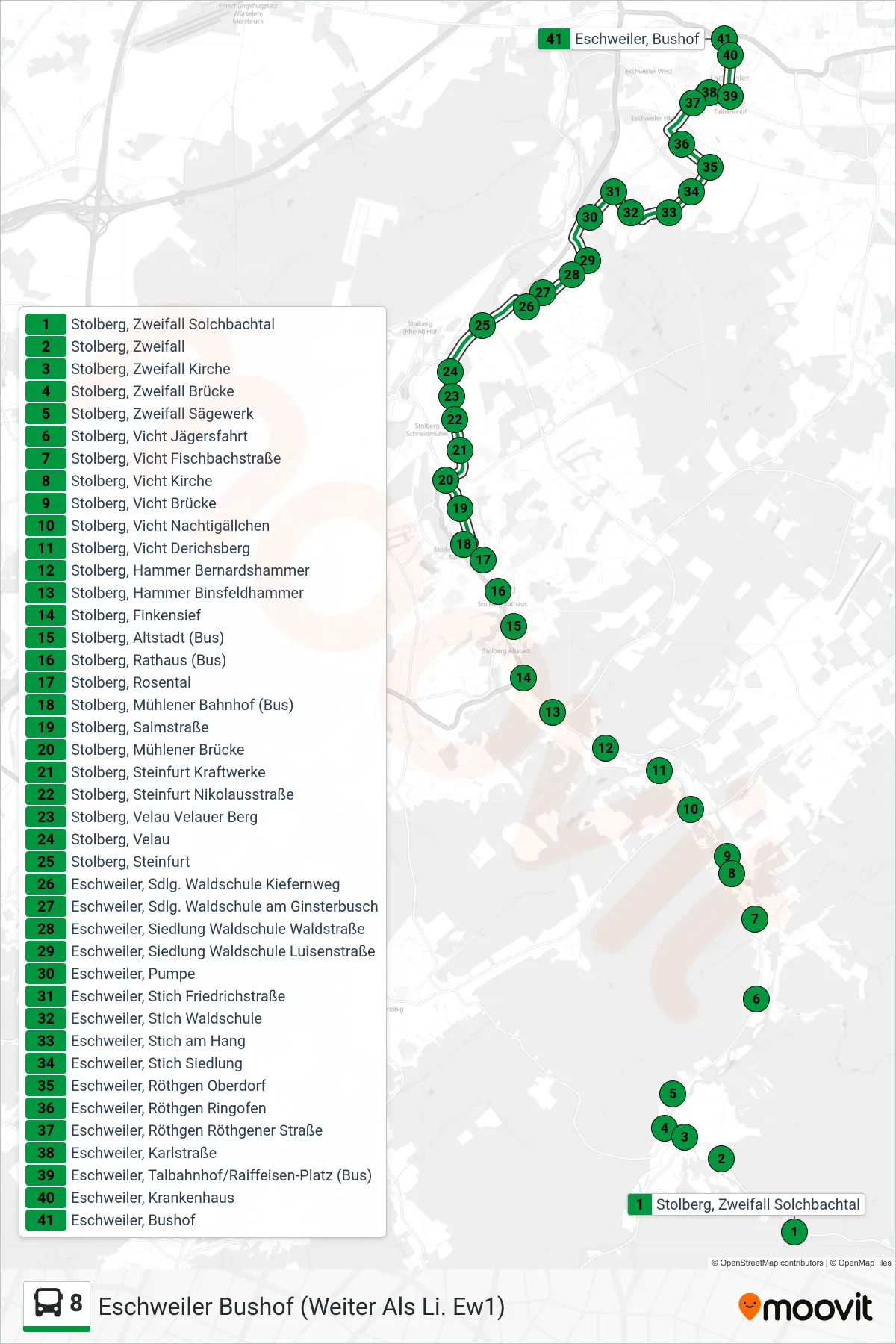 Linie 8 (Bus) Richtung Eschweiler Bushof (Weiter Als Li. Ew1): Route und Haltestellen auf der Karte
