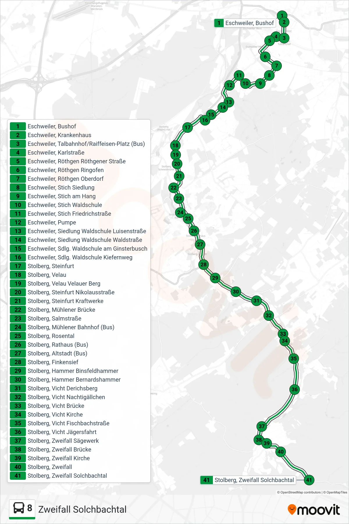 Linie 8 (Bus) Richtung Zweifall Solchbachtal: Route und Haltestellen auf der Karte