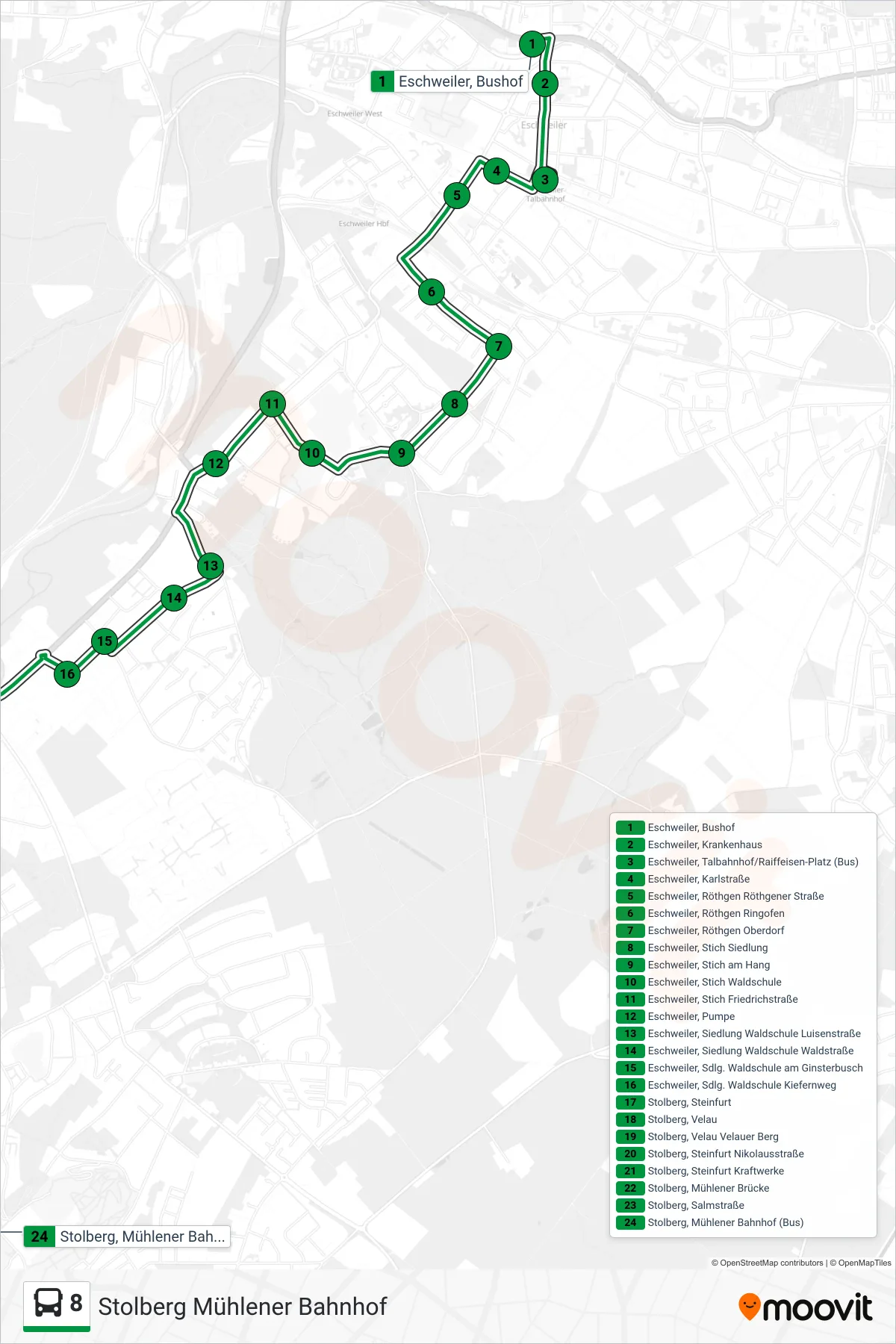 Linie 8 (Bus) Richtung Stolberg Mühlener Bahnhof: Route und Haltestellen auf der Karte
