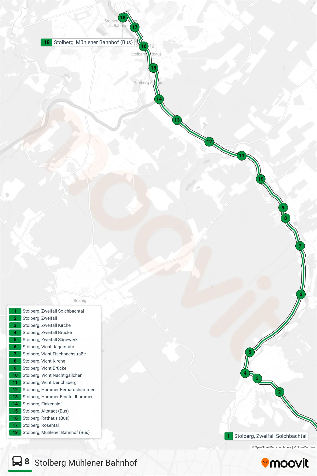 Linie 8 (Bus) Richtung Stolberg Mühlener Bahnhof: Route und Haltestellen auf der Karte