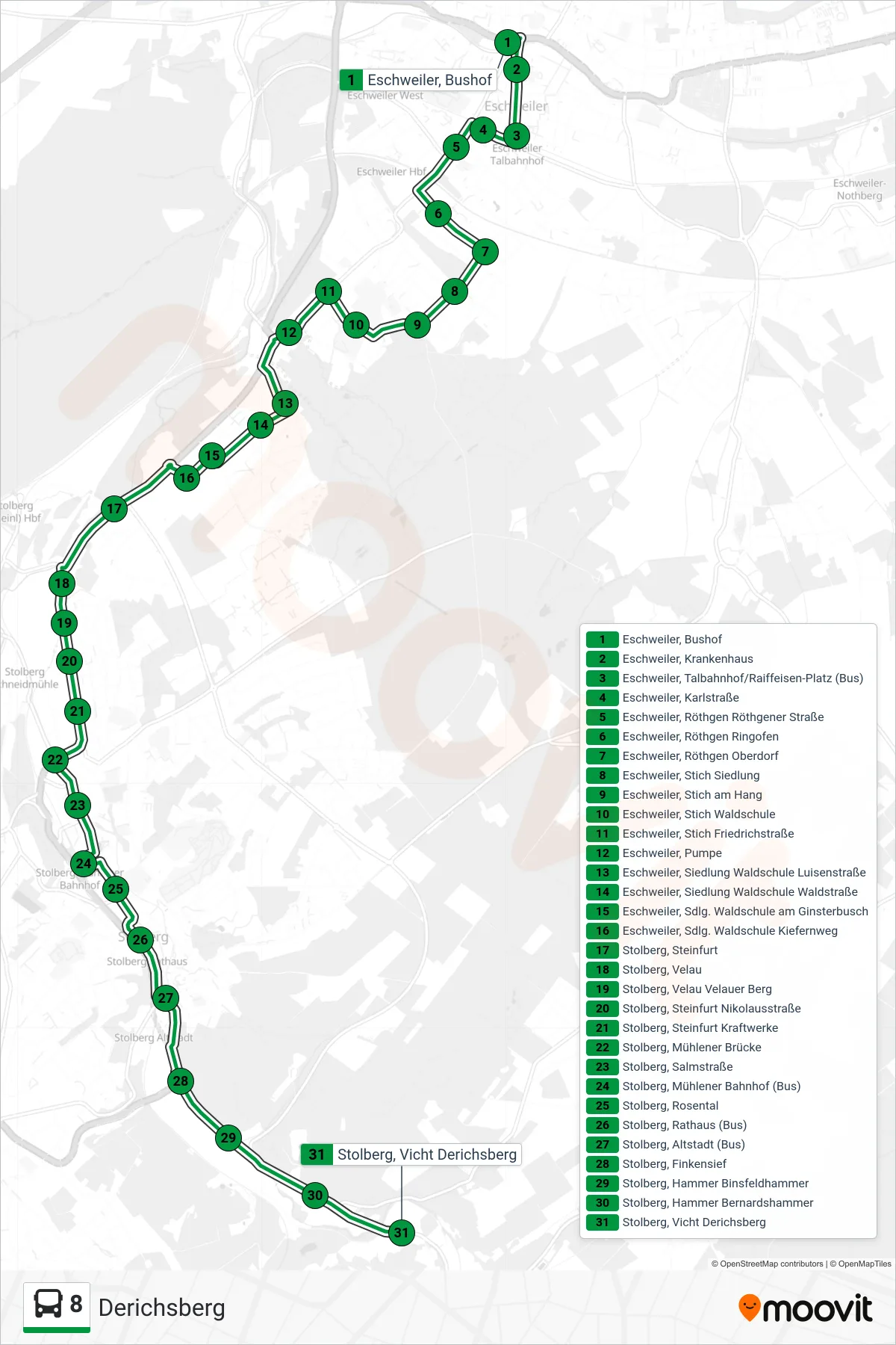 Linie 8 (Bus) Richtung Derichsberg: Route und Haltestellen auf der Karte