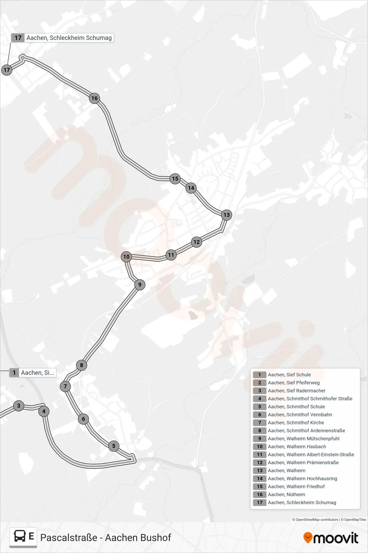 Linie E (Bus) Richtung Pascalstraße - Aachen Bushof: Route und Haltestellen auf der Karte