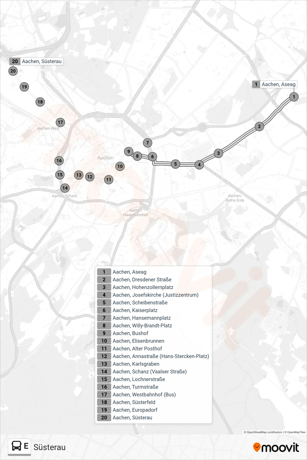 Linie E (Bus) Richtung Süsterau: Route und Haltestellen auf der Karte