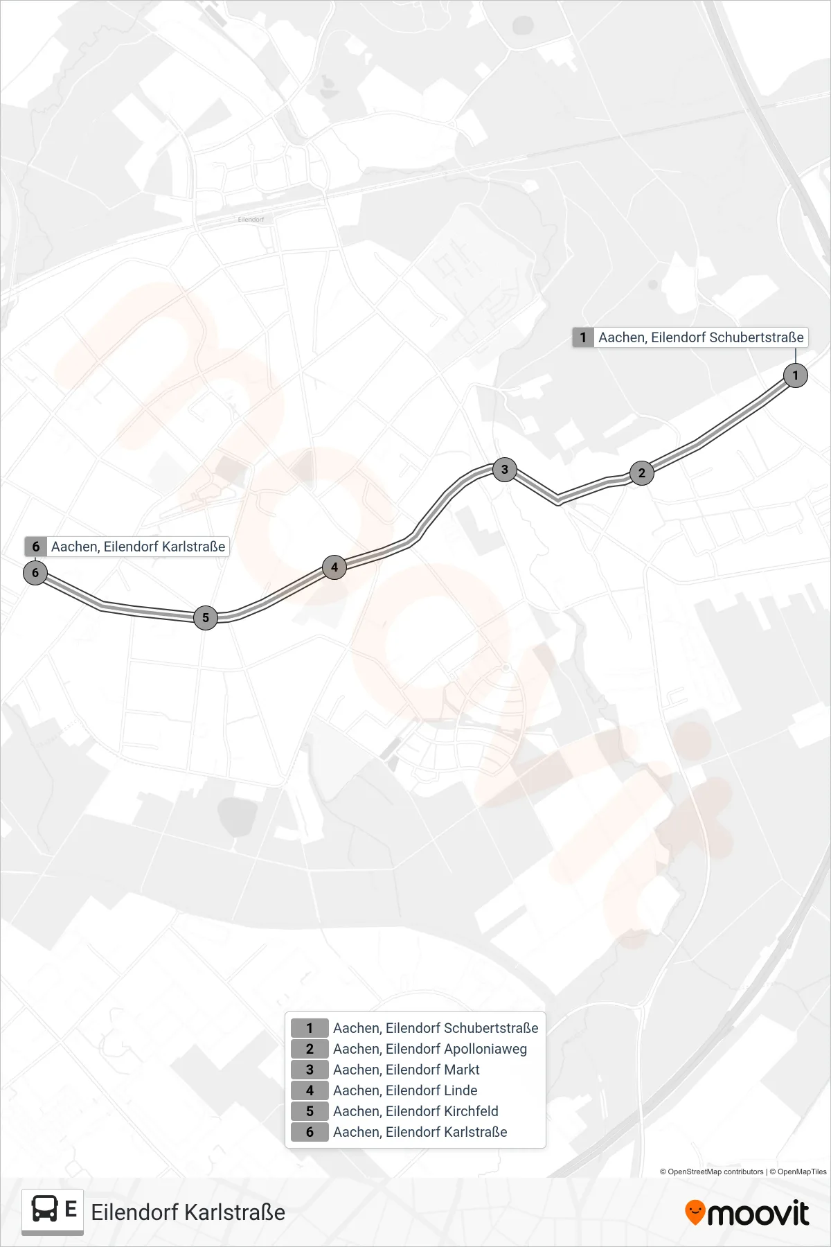 Linie E (Bus) Richtung Eilendorf Karlstraße: Route und Haltestellen auf der Karte