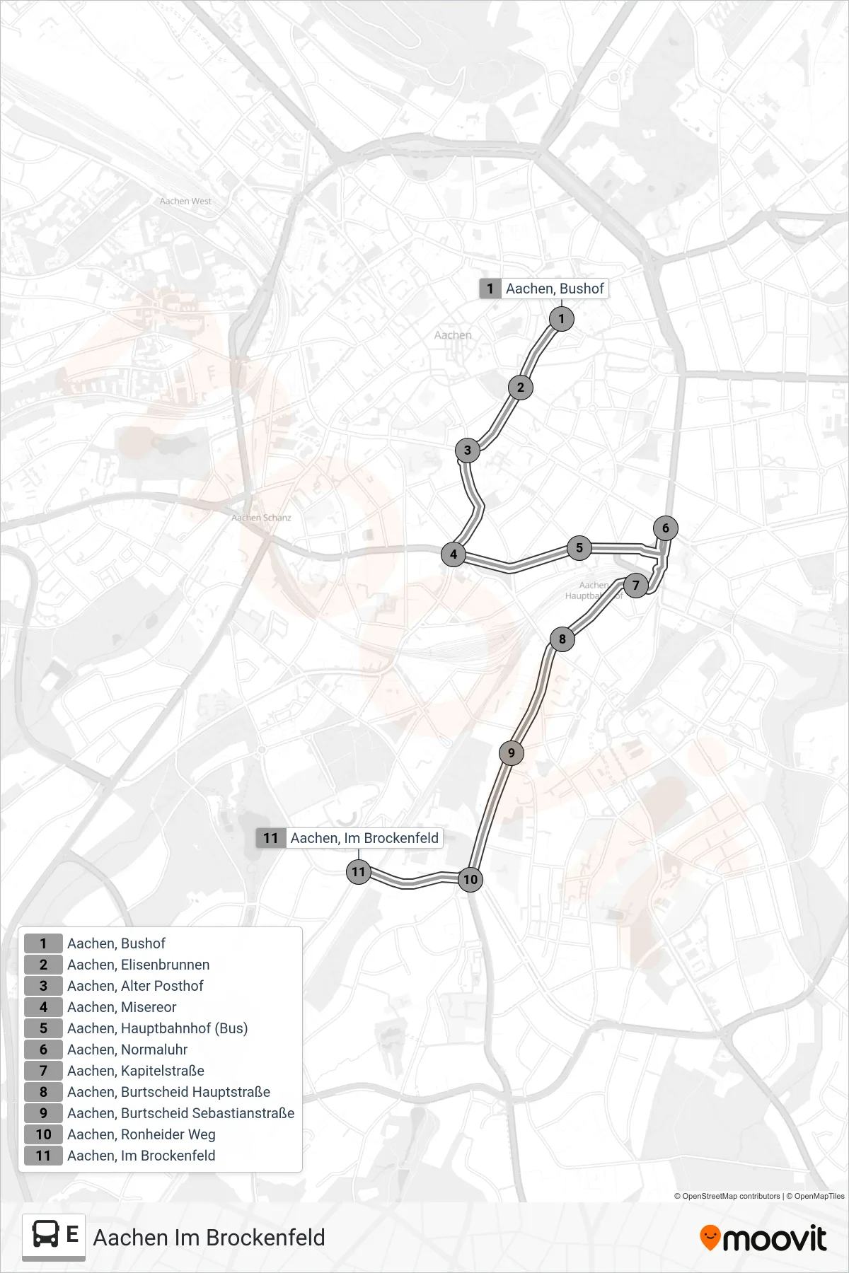 Linie E (Bus) Richtung Aachen Im Brockenfeld: Route und Haltestellen auf der Karte