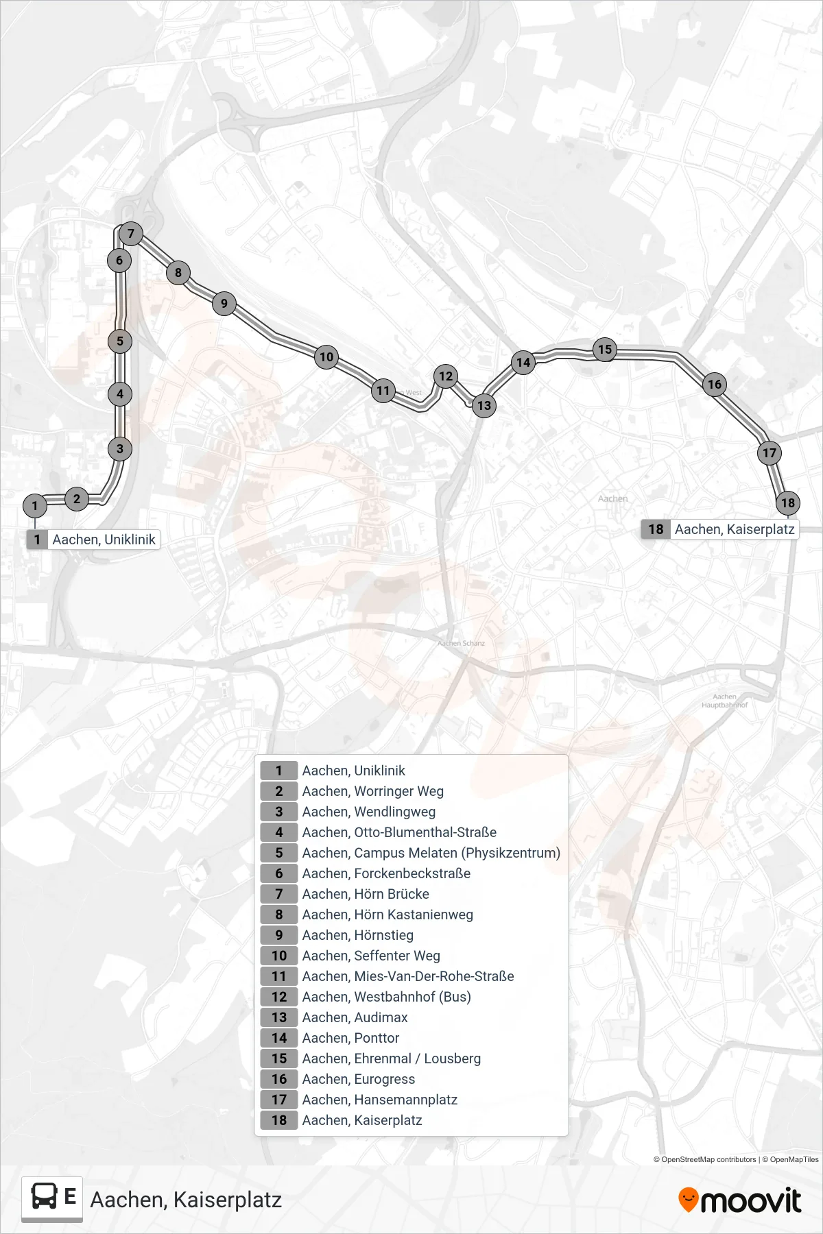 Linie E (Bus) Richtung Aachen, Kaiserplatz: Route und Haltestellen auf der Karte