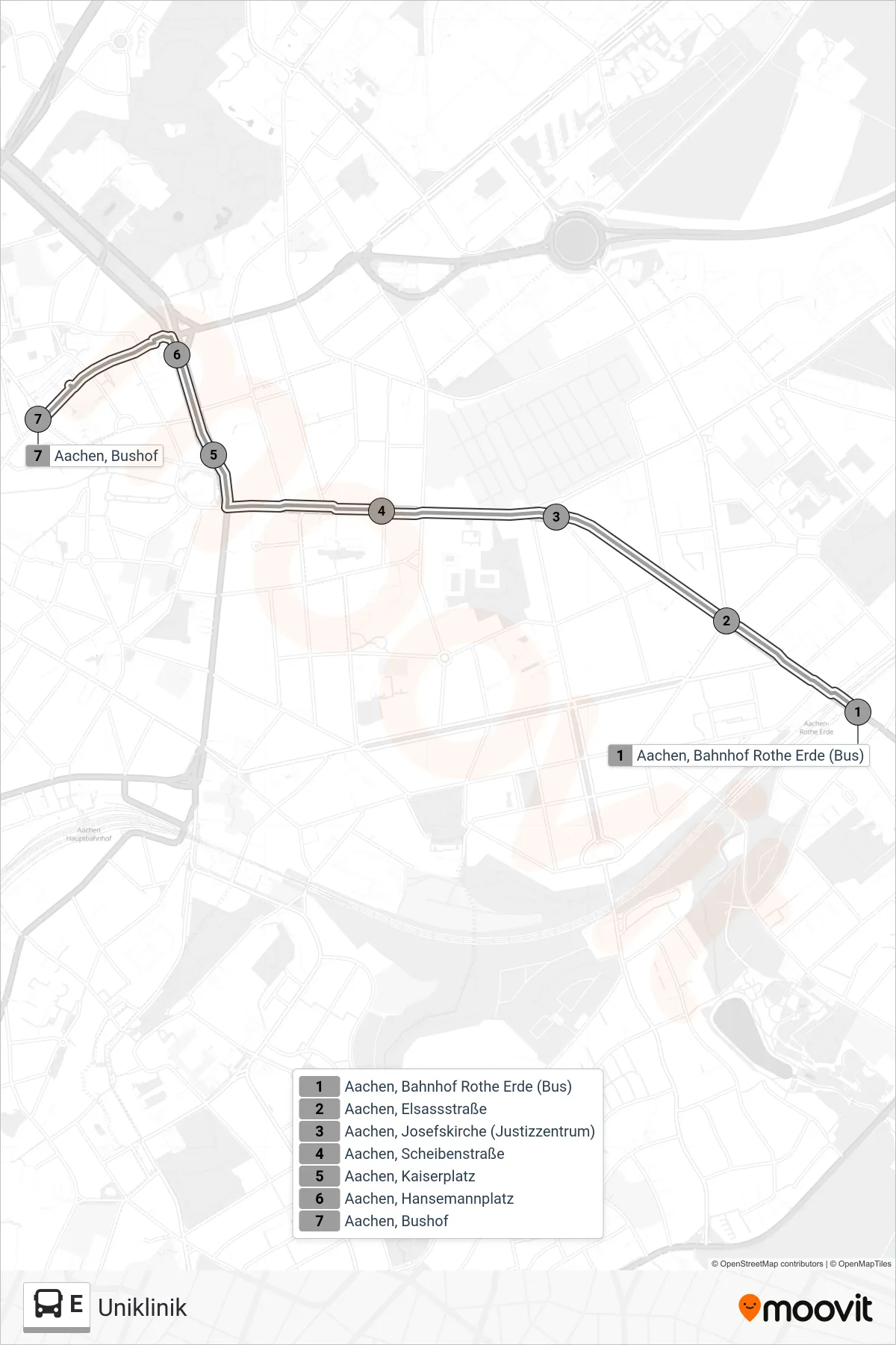 Linie E (Bus) Richtung Uniklinik: Route und Haltestellen auf der Karte