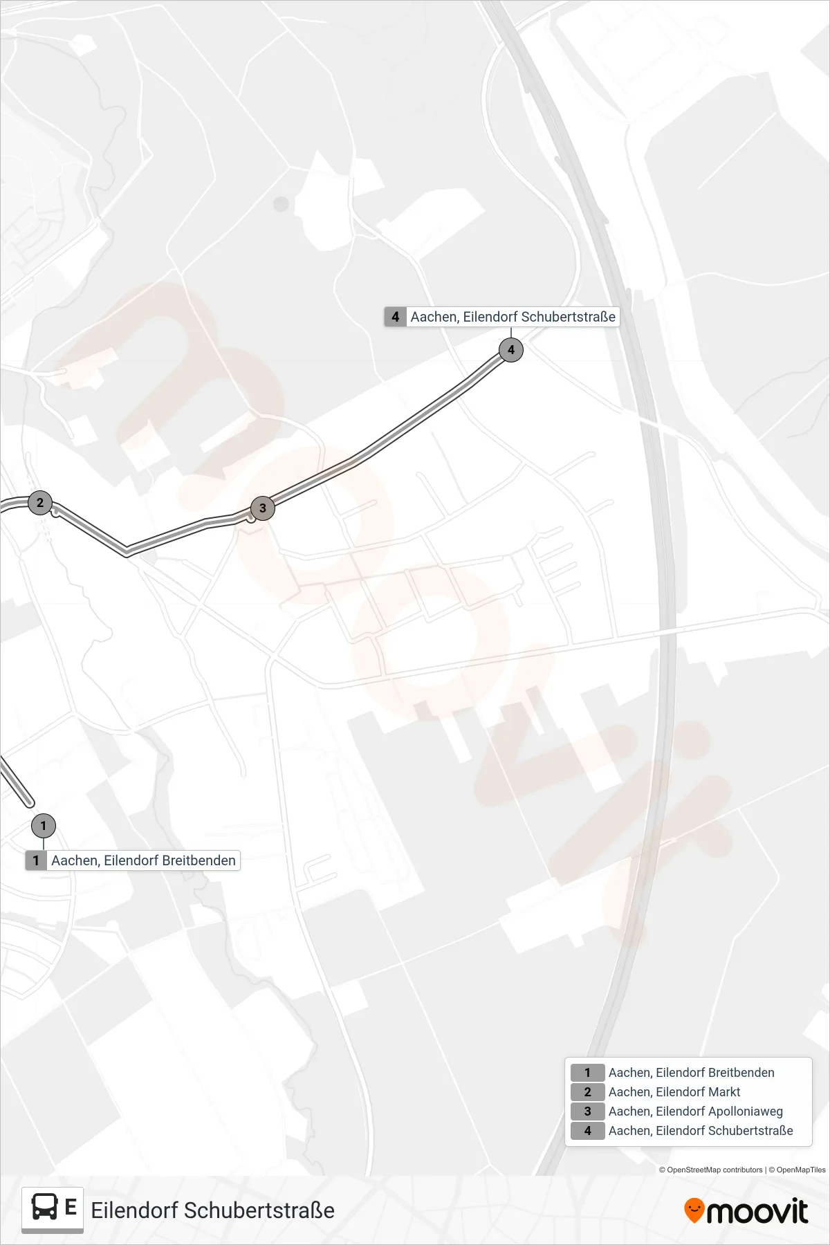 Linie E (Bus) Richtung Eilendorf Schubertstraße: Route und Haltestellen auf der Karte