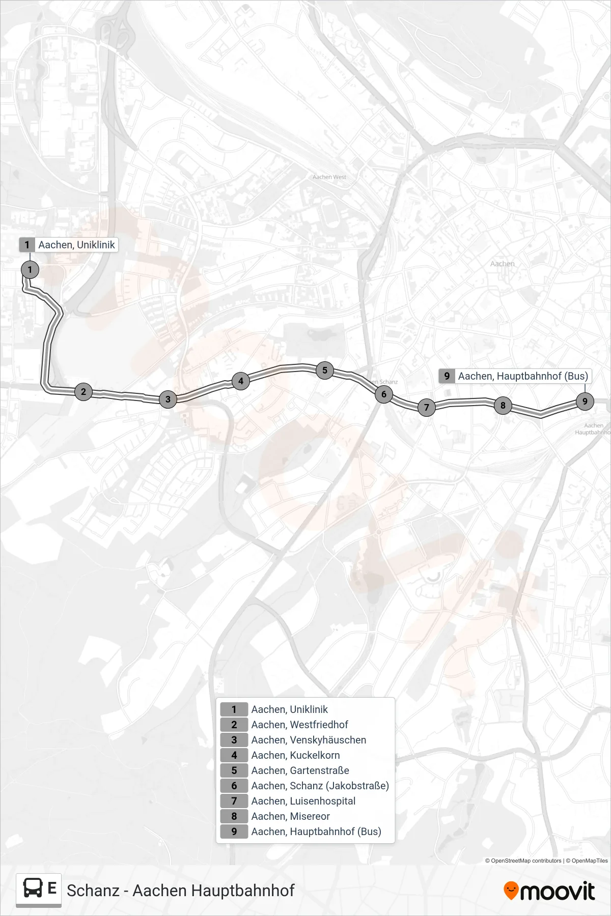 Linie E (Bus) Richtung Schanz - Aachen Hauptbahnhof: Route und Haltestellen auf der Karte