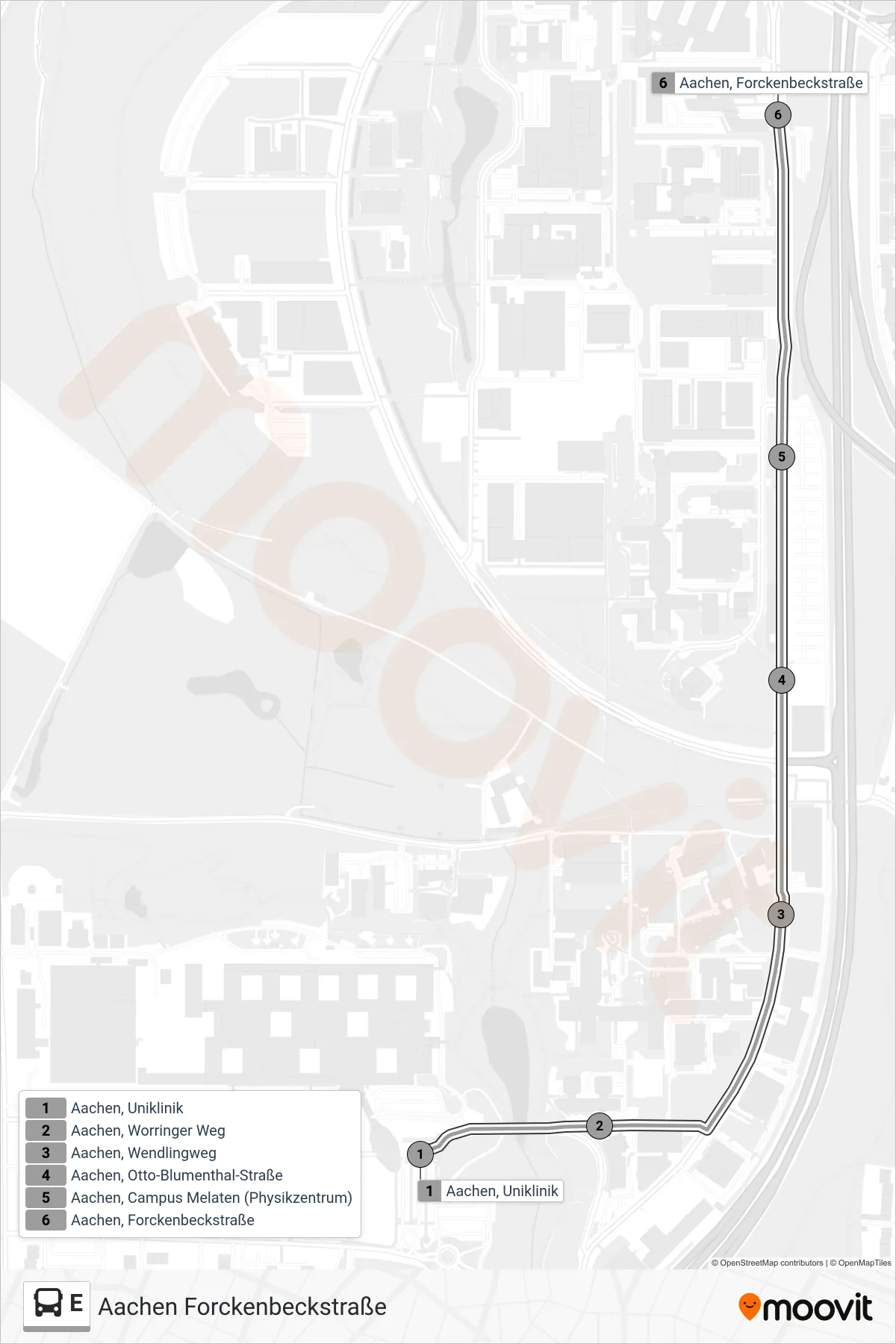 Linie E (Bus) Richtung Aachen Forckenbeckstraße: Route und Haltestellen auf der Karte