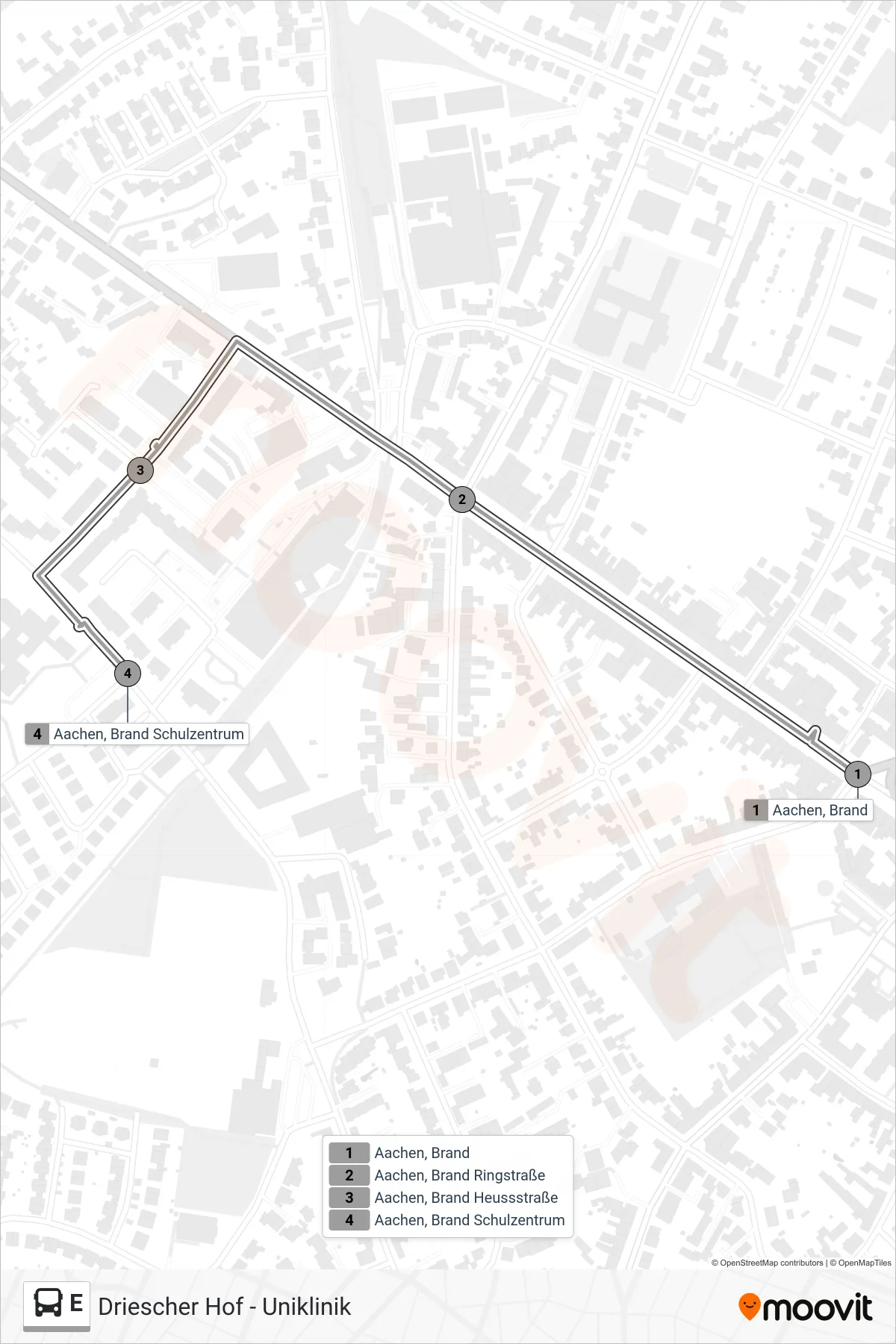 Linie E (Bus) Richtung Driescher Hof - Uniklinik: Route und Haltestellen auf der Karte