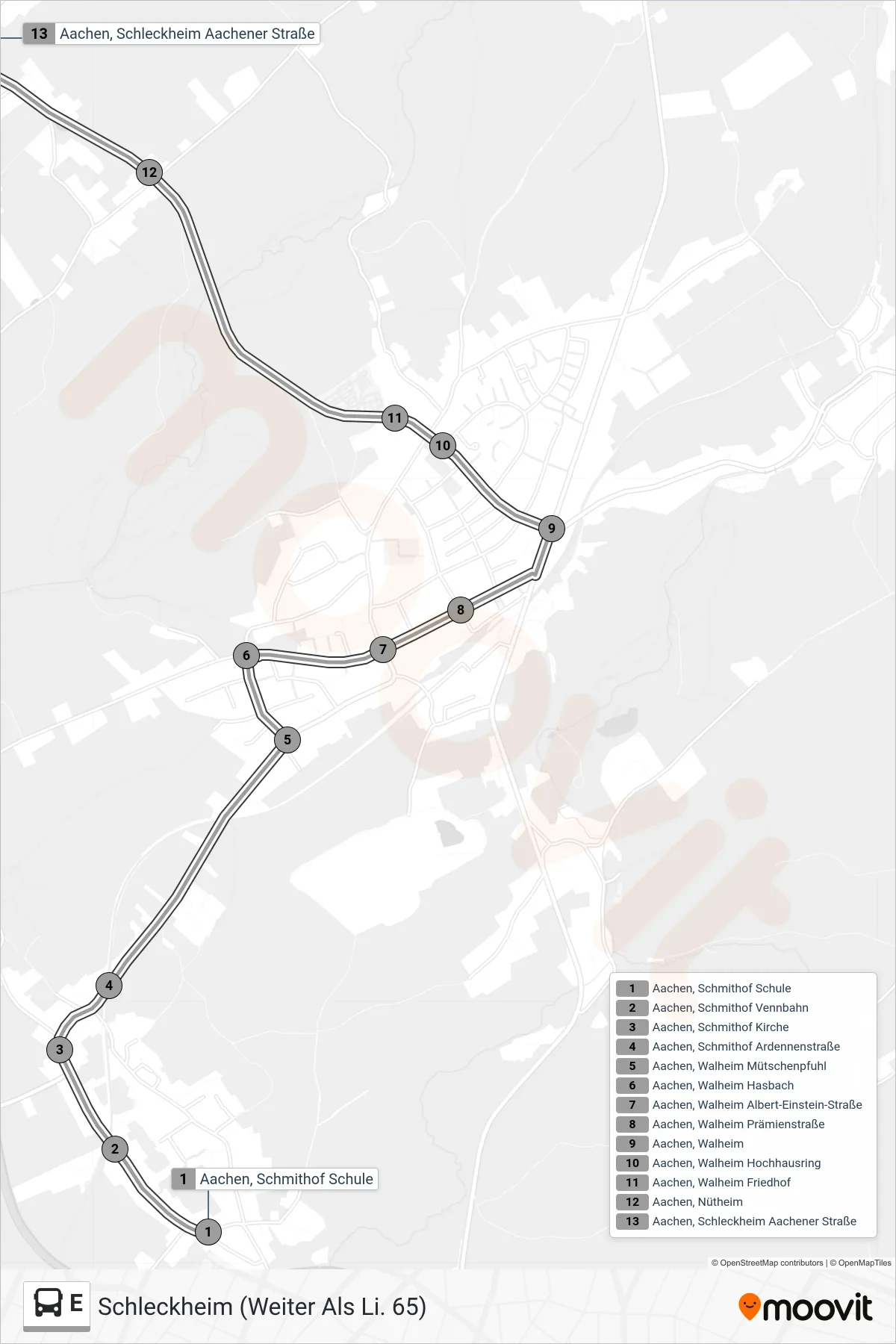 Linie E (Bus) Richtung Schleckheim (Weiter Als Li. 65): Route und Haltestellen auf der Karte