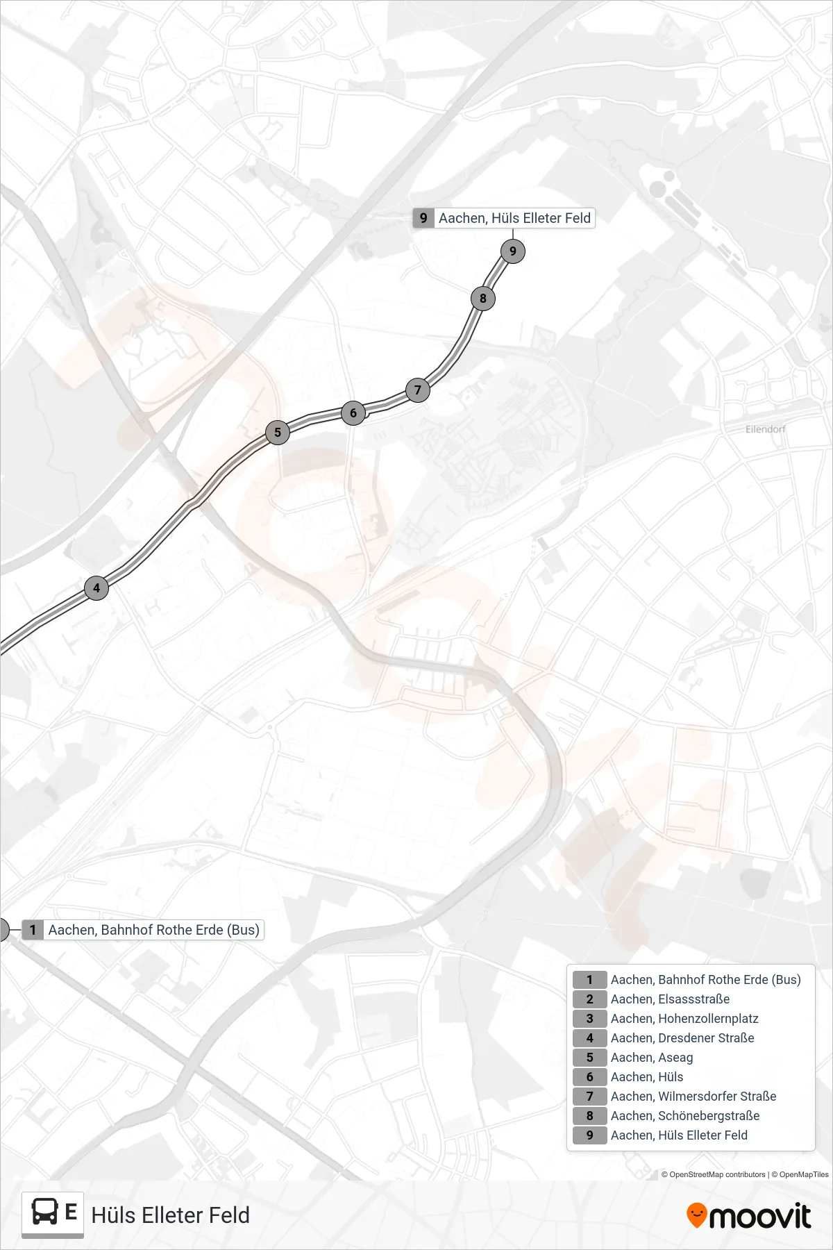 Linie E (Bus) Richtung Hüls Elleter Feld: Route und Haltestellen auf der Karte