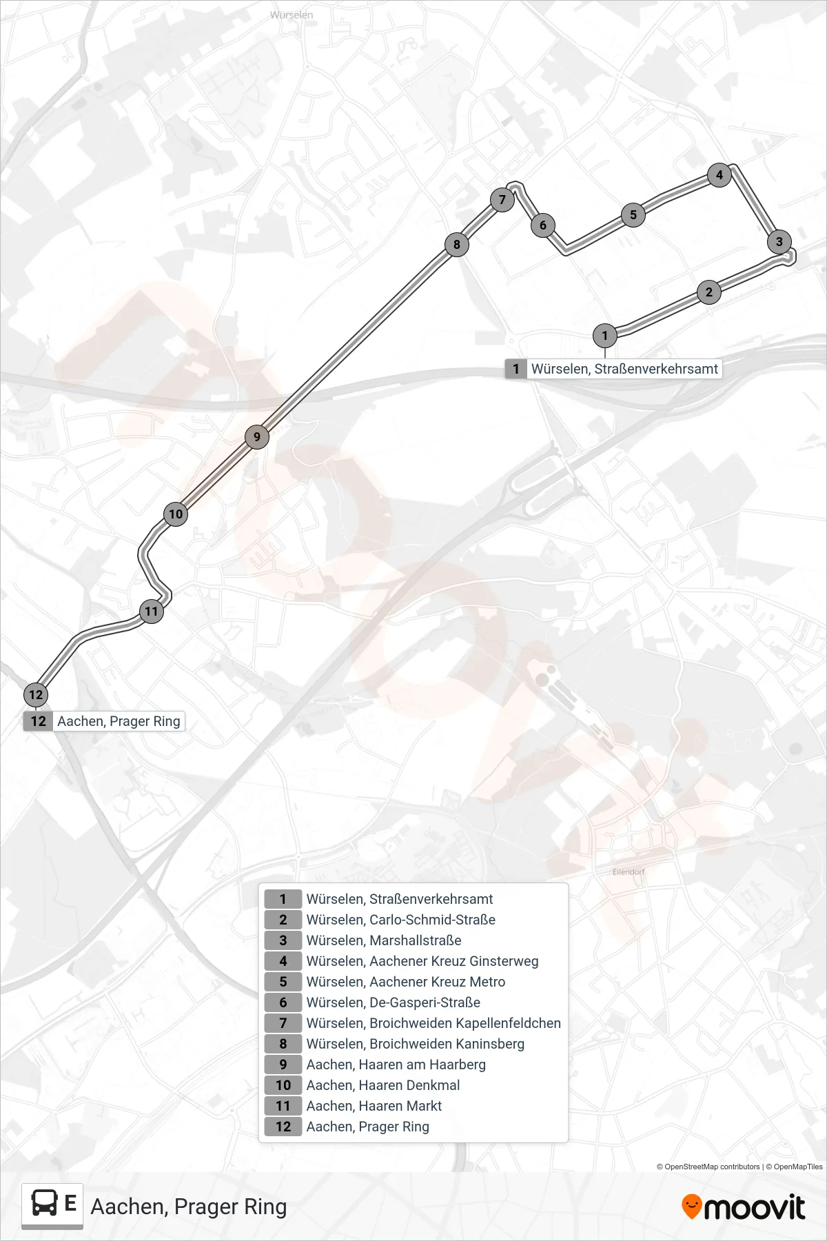 Linie E (Bus) Richtung Aachen, Prager Ring: Route und Haltestellen auf der Karte