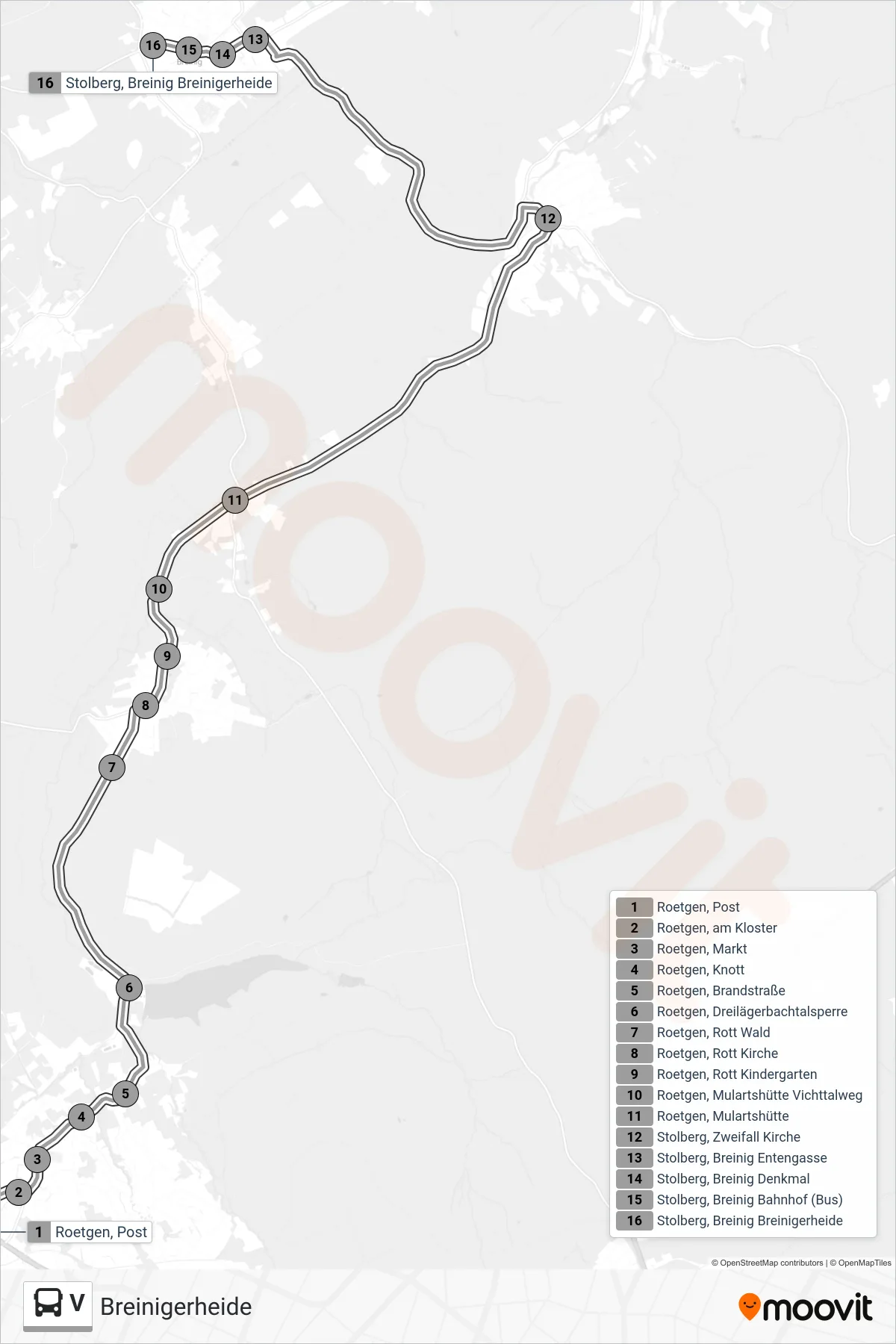 V bus Line (Breinigerheide) route and stops on a map