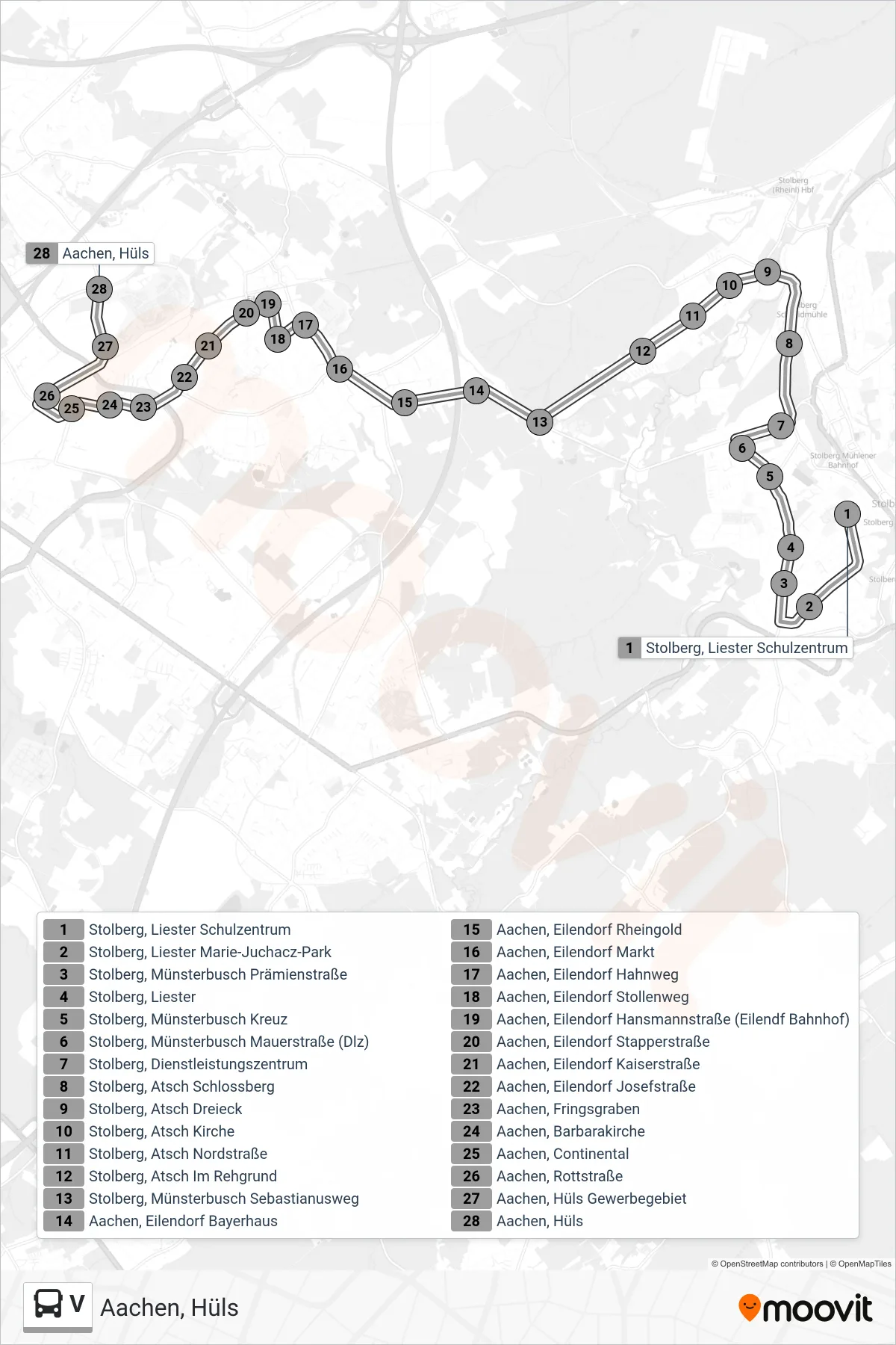 V bus Line (Aachen, Hüls) route and stops on a map
