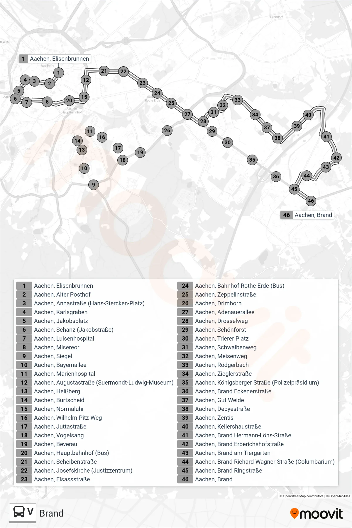 V bus Line (Brand) route and stops on a map