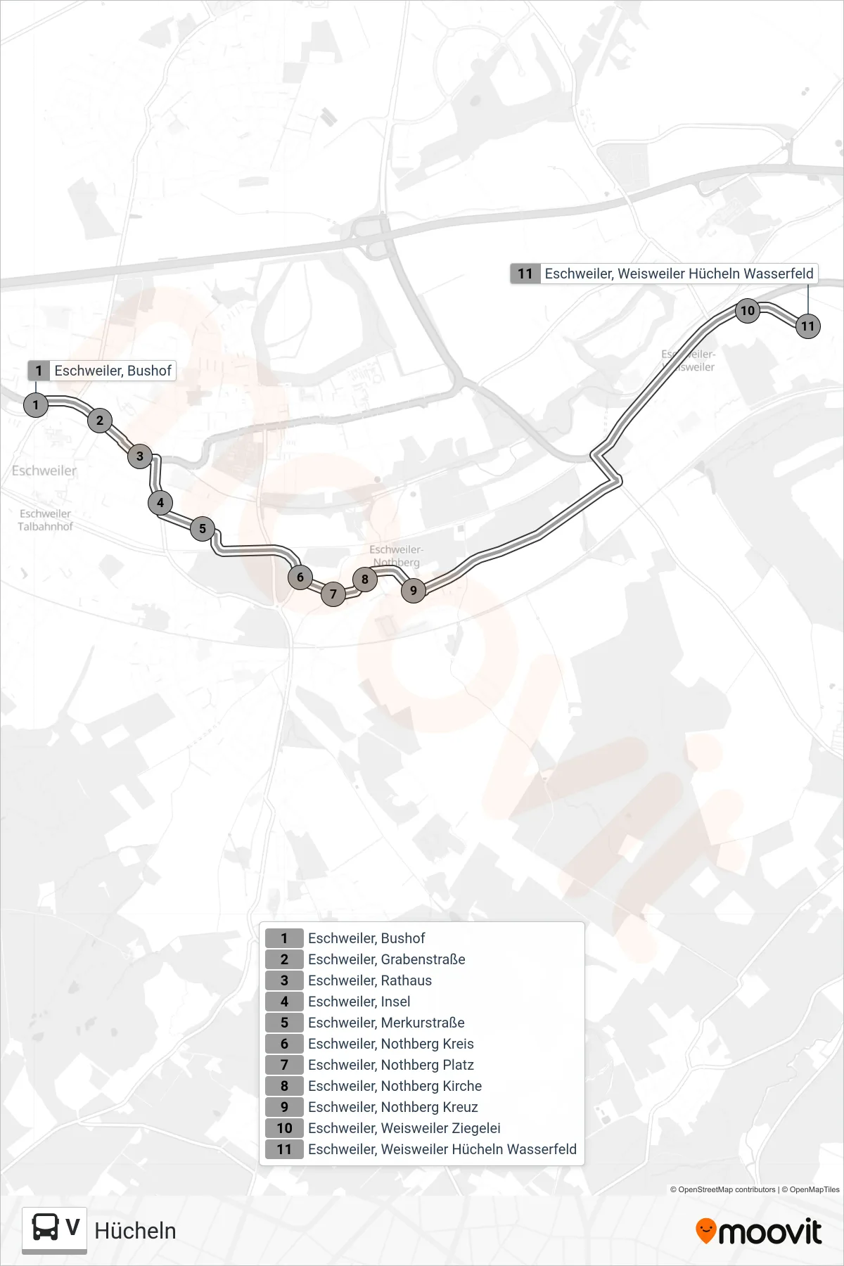 V bus Line (Hücheln) route and stops on a map