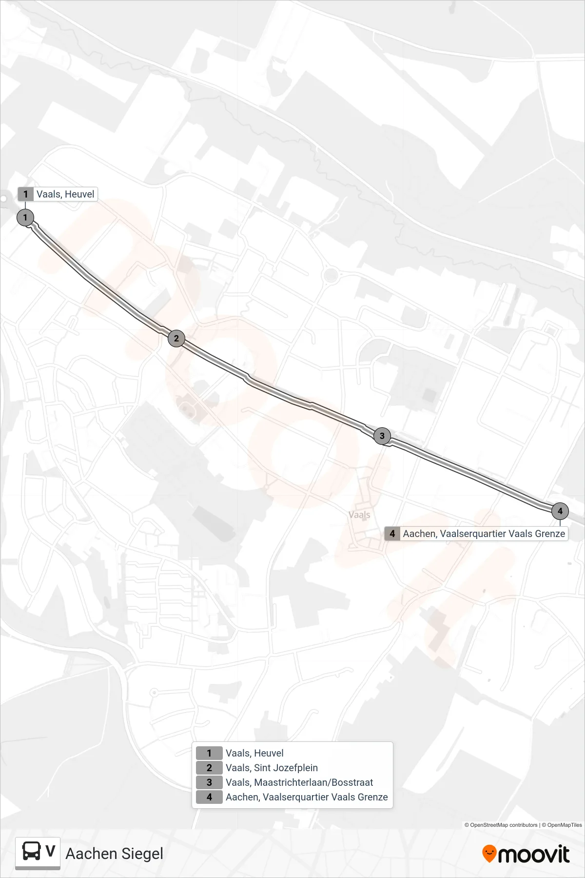 V bus Line (Aachen Siegel) route and stops on a map